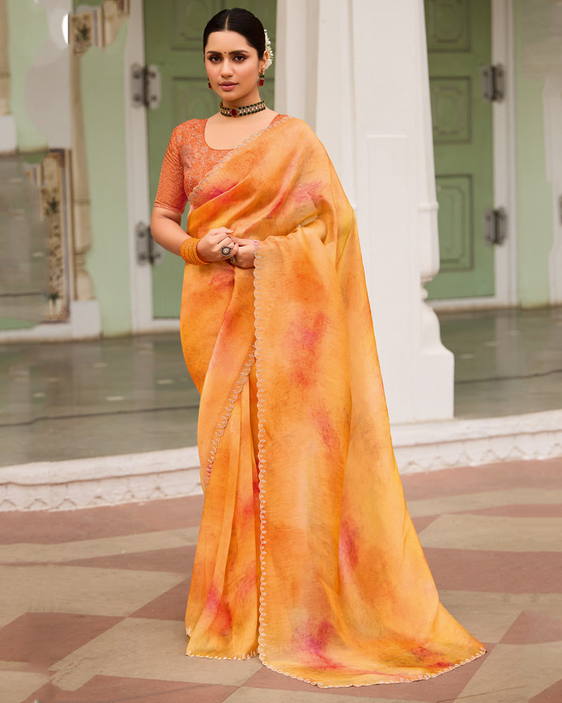 Vishal Prints Pastel Orange Designer Organza Digital Print Saree With Diamond Work And Cut Work Border