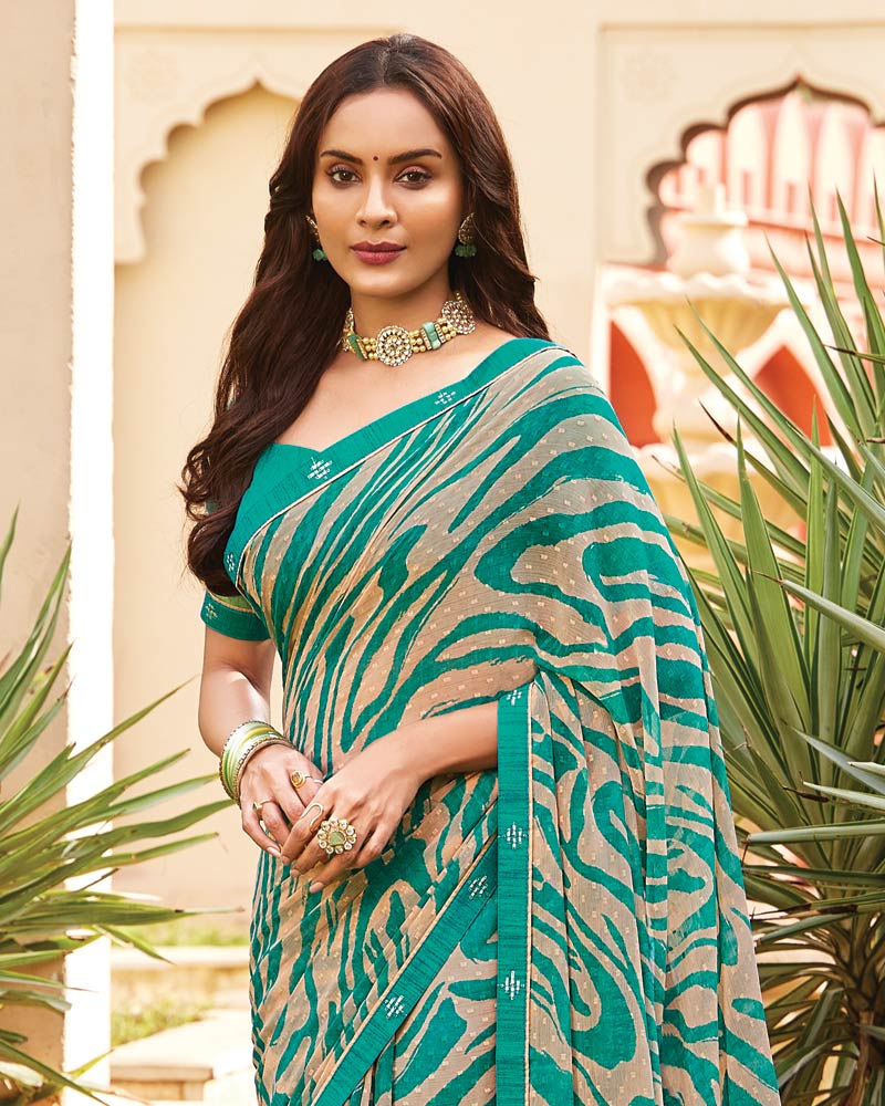 Vishal Prints Deep Aqua Green Printed Fancy Chiffon Saree With Border