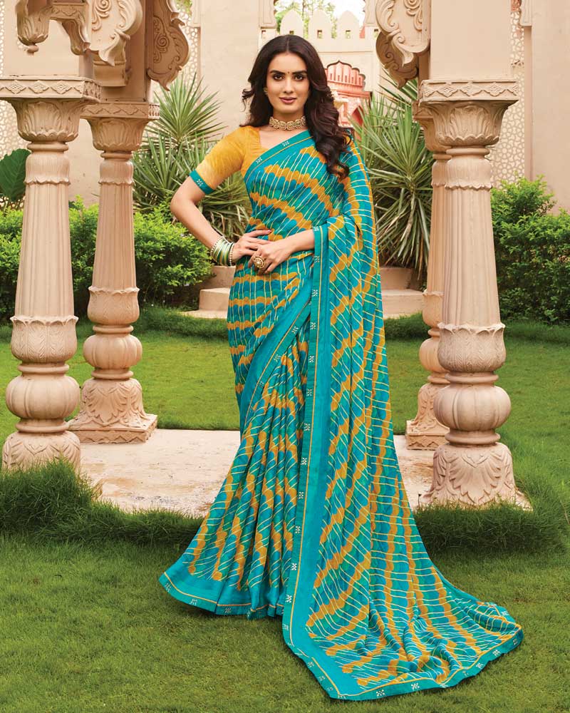 Vishal Prints Teal Green Printed Fancy Chiffon Saree With Border