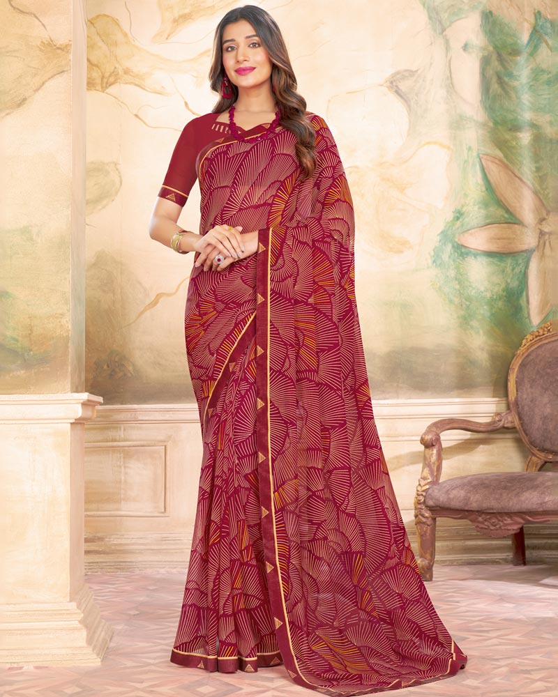 Vishal Prints Vivid Burgundy Printed Georgette Saree With Fancy Border