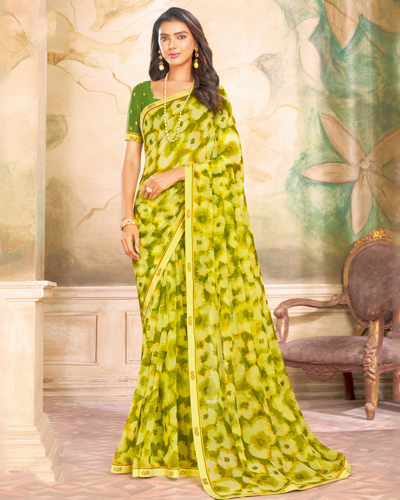 Vishal Prints Lime Yellow Printed Georgette Saree With Fancy Border