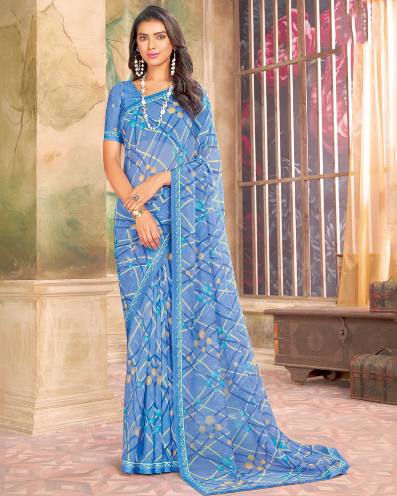 Vishal Prints Celestial Blue Printed Georgette Saree With Fancy Border