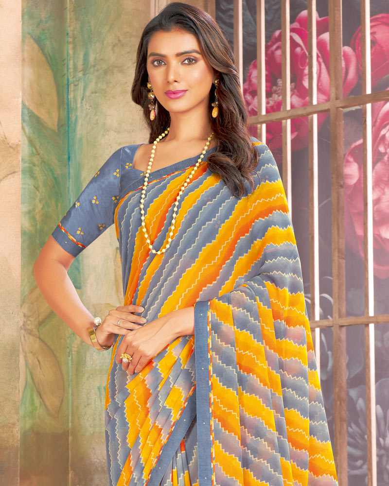 Vishal Prints Natural Grey Printed Georgette Saree With Fancy Border