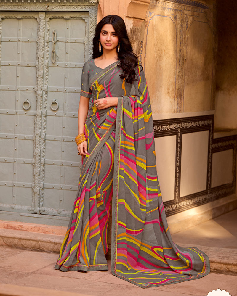 Vishal Prints Greyish Brown Printed Georgette Saree With Fancy Border