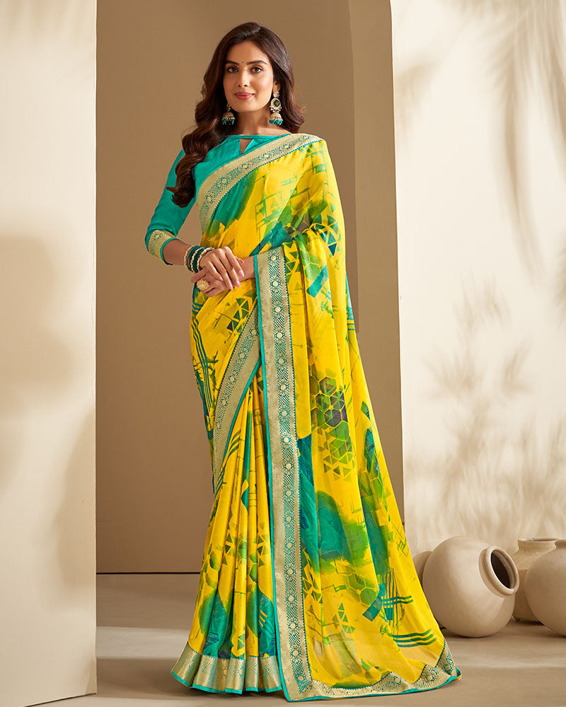 Vishal Prints Yellow And Rama Green Chiffon Saree With Floral Print And Jari Border