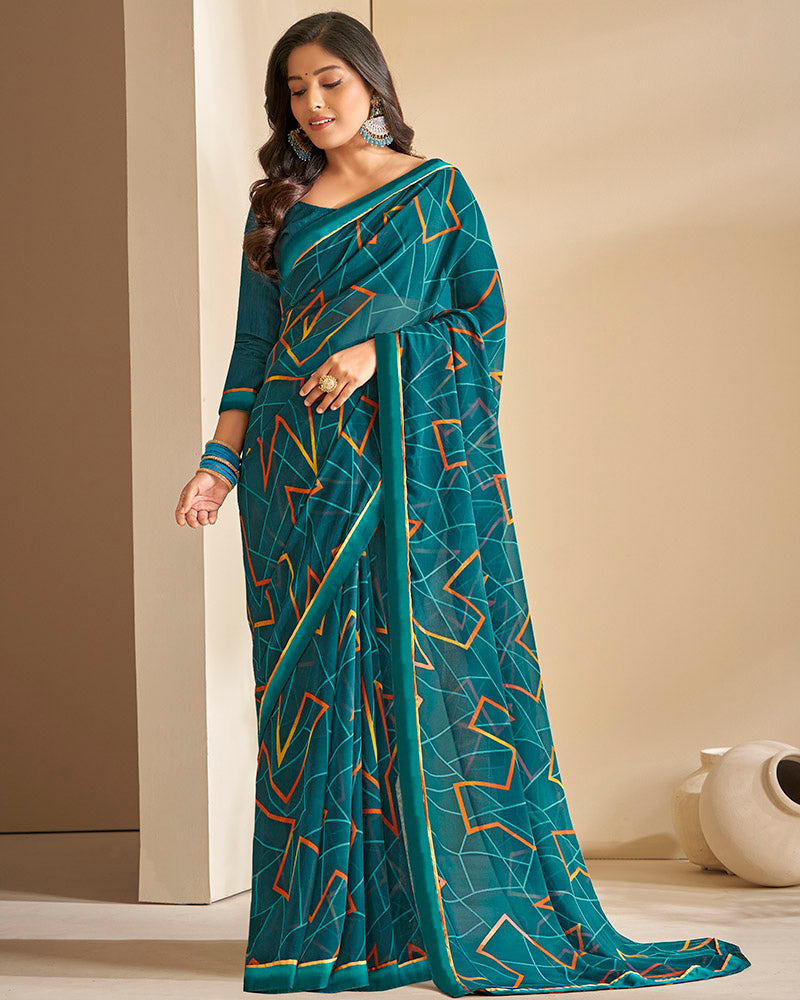 Vishal Prints Peacock Blue Georgette Saree With Satin Border