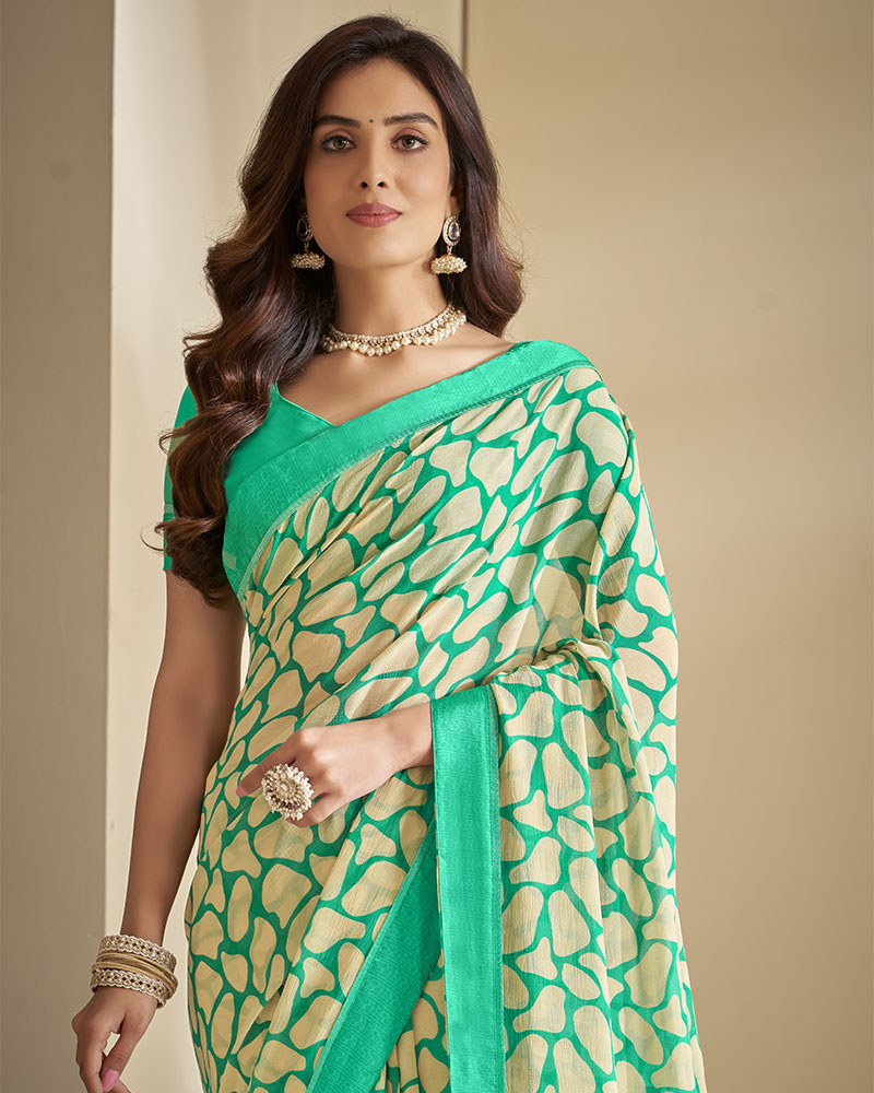 Vishal Prints Rama Green And Cream Georgette Saree With Border