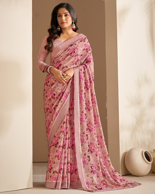 Vishal Prints Pink Georgette Saree With Floral Print And Satin Border