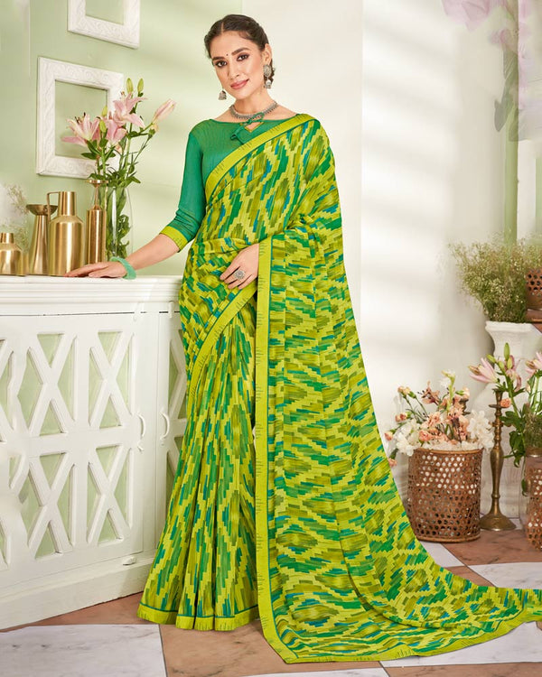 Vishal Prints Lime Green Printed Georgette Saree With Fancy Border