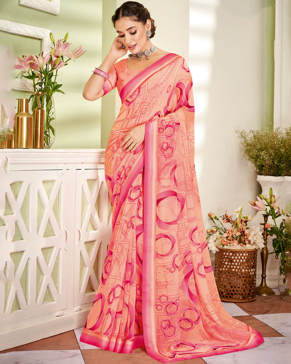 Vishal Prints Coral Pink Printed Georgette Saree With Fancy Border