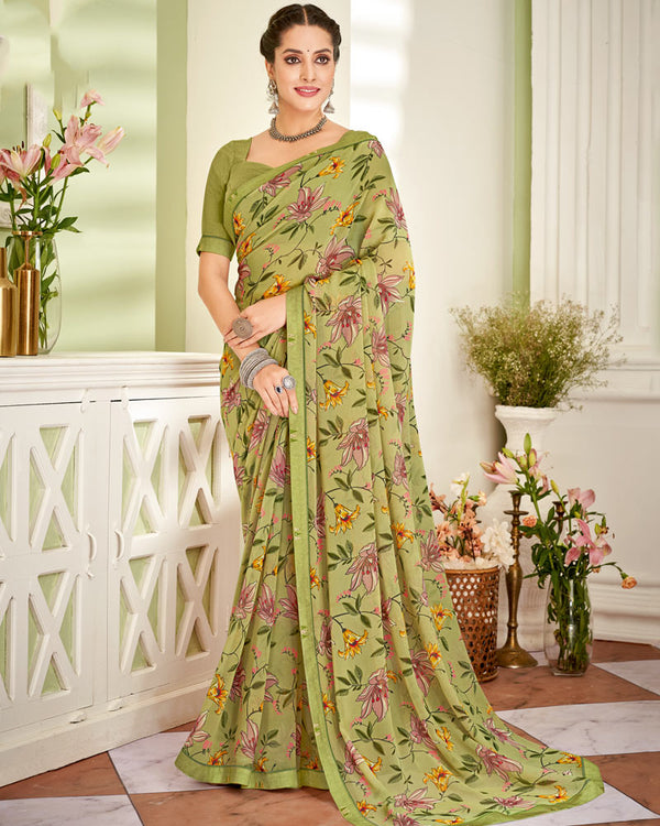 Vishal Prints Moss Green Printed Georgette Saree With Fancy Border