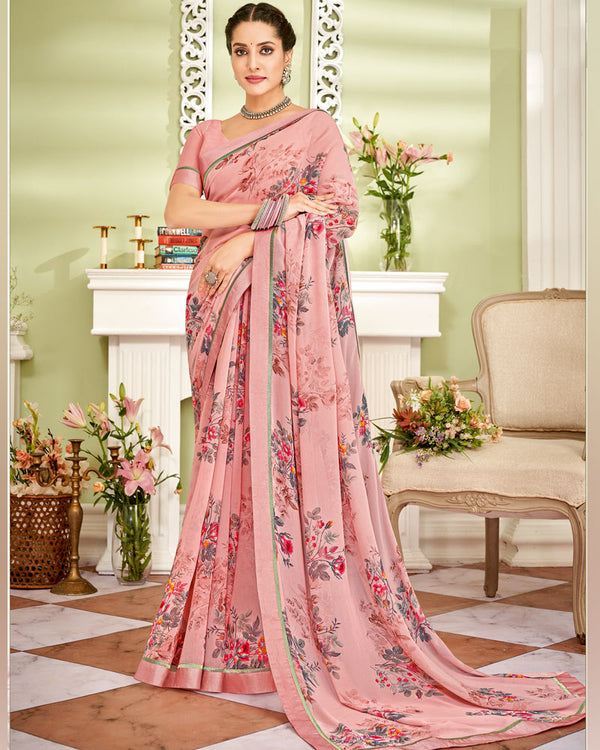 Vishal Prints Rose Bud Pink Printed Georgette Saree With Fancy Border