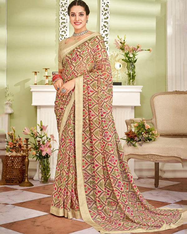 Vishal Prints Fawn Printed Georgette Saree With Fancy Border