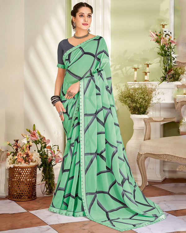 Vishal Prints Light Teal Green Printed Georgette Saree With Fancy Border