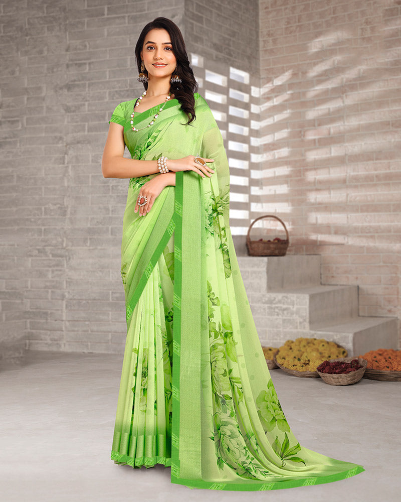 Vishal Prints Light Sage Green Digital Print Georgette Saree With Weaved Satin Patta And Fancy Border