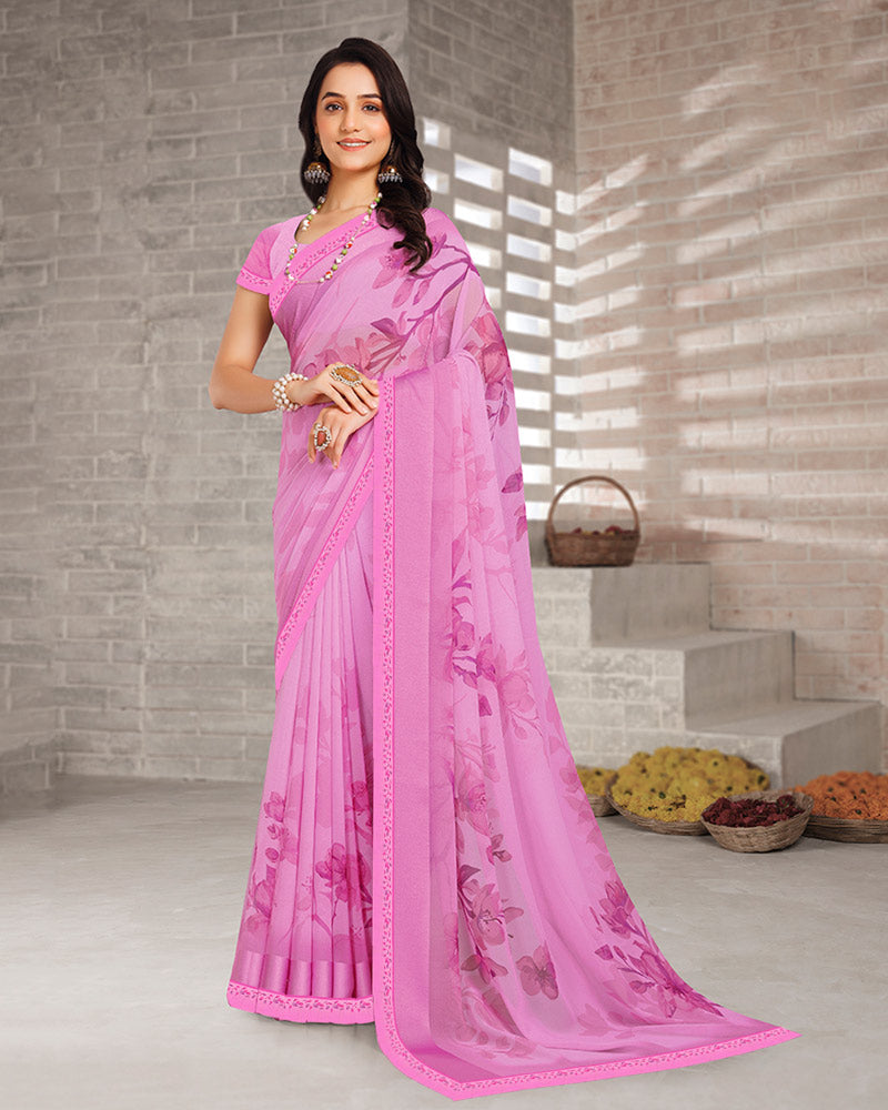 Vishal Prints Pastel Magenta Digital Print Georgette Saree With Weaved Satin Patta And Fancy Border