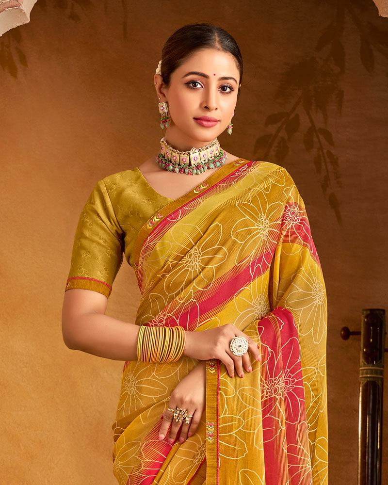 Vishal Prints Dark Mustard Printed Patterned Chiffon Saree With Fancy Border