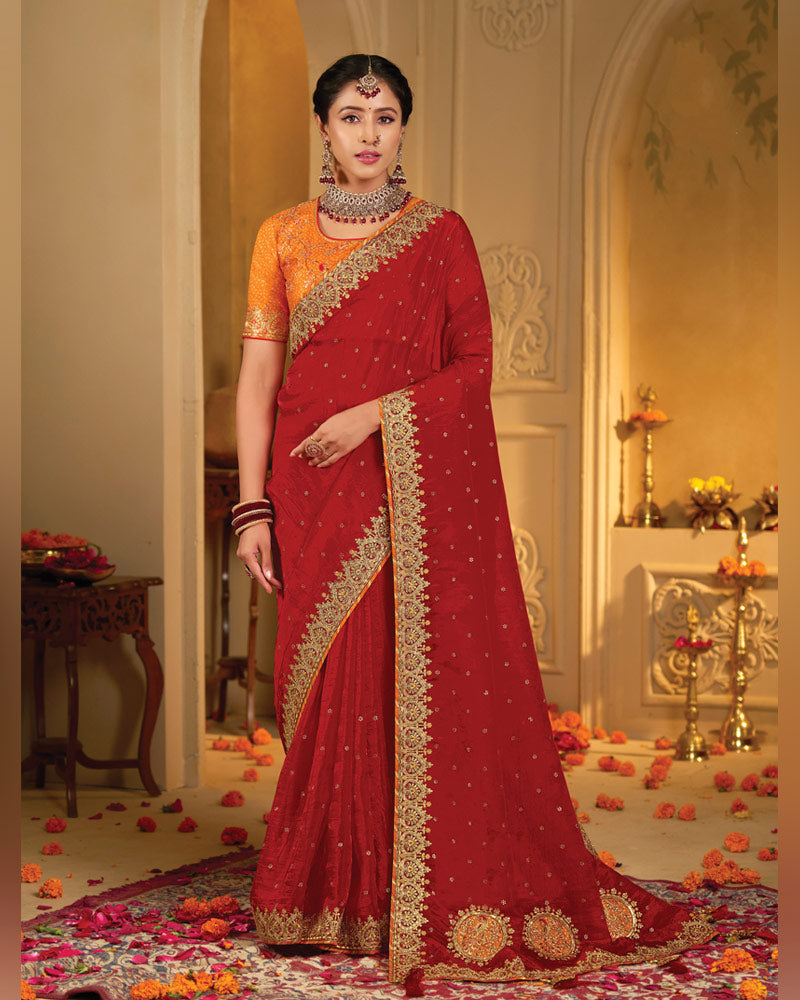 Vishal Prints Chili Red Designer Fancy Organza Saree With Embroidery-Diamond Work And Border