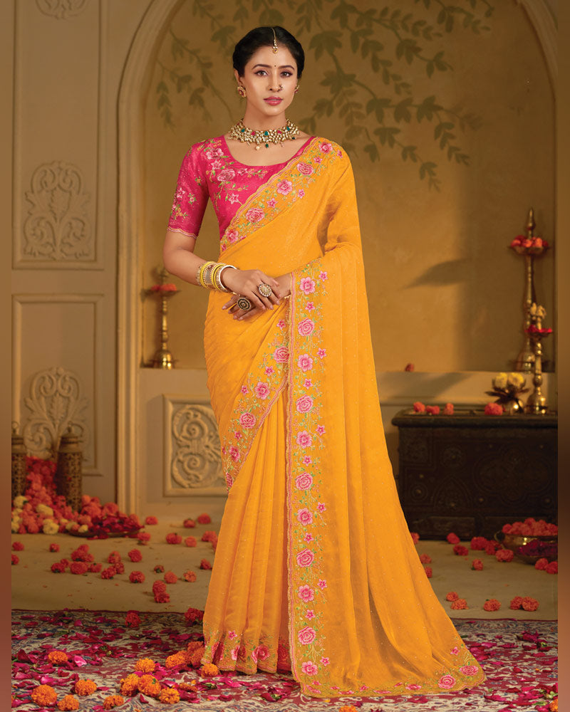 Vishal Prints Orangey Yellow Designer Fancy Organza Saree With Embroidery-Diamond Work And Cut Work Border