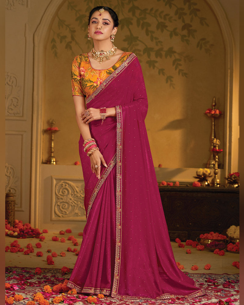 Vishal Prints Purplish Red Designer Fancy Organza Saree With Embroidery-Diamond Work And Cut Work Border