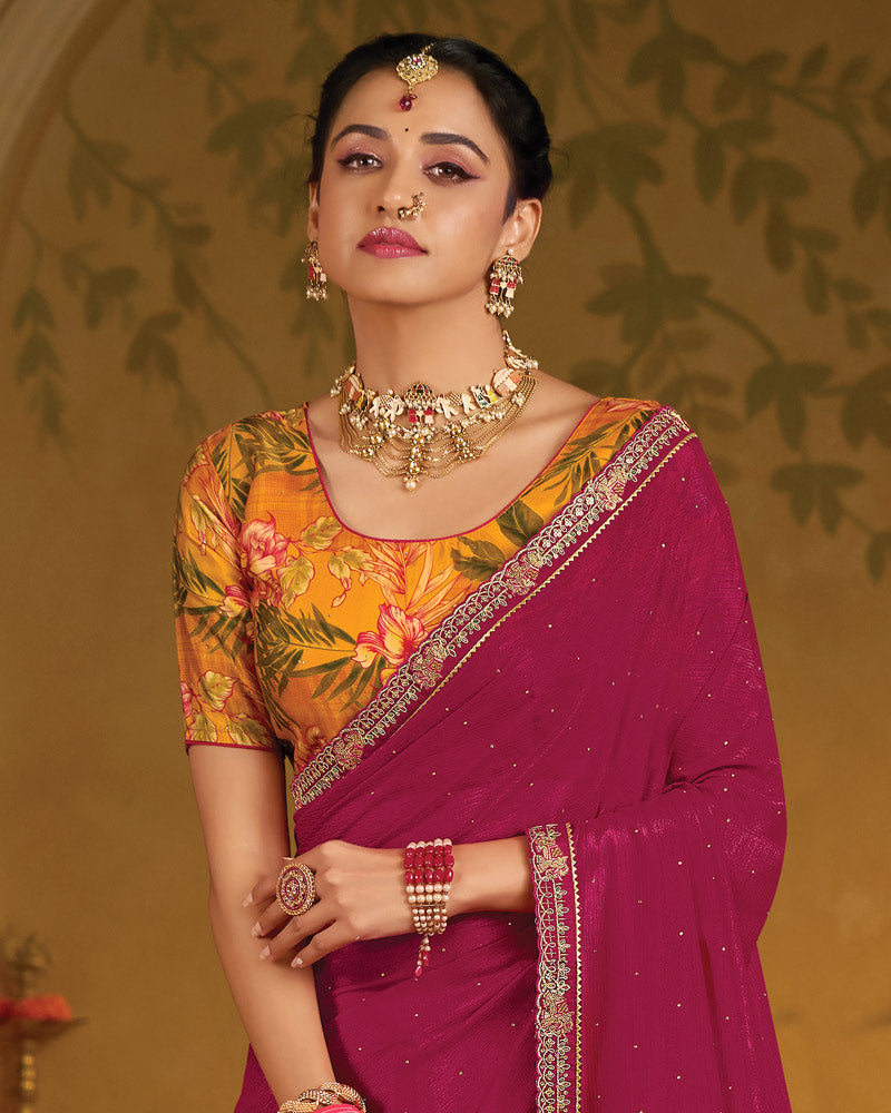 Vishal Prints Purplish Red Designer Fancy Organza Saree With Embroidery-Diamond Work And Cut Work Border