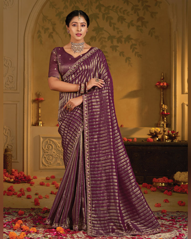 Vishal Prints Wine Designer Fancy Organza Saree With Embroidery-Diamond Work And Cut Work Border