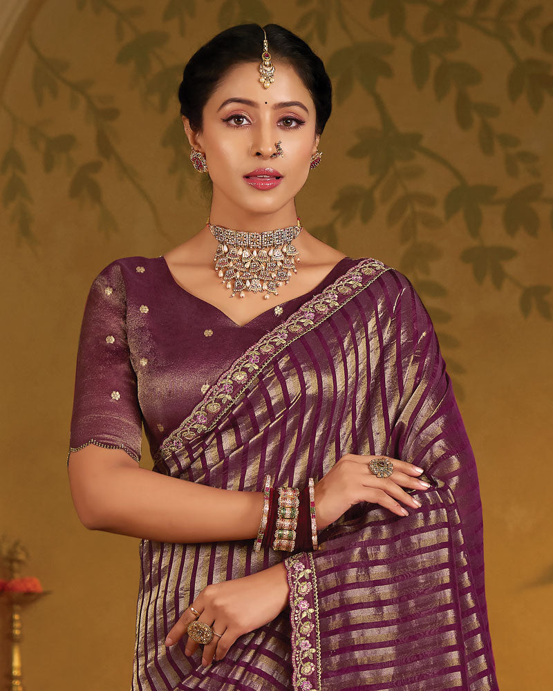 Vishal Prints Wine Designer Fancy Organza Saree With Embroidery-Diamond Work And Cut Work Border