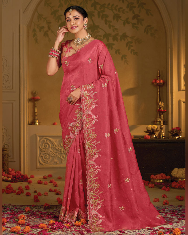 Vishal Prints Dusty Red Designer Fancy Organza Saree With Embroidery-Diamond Work And Cut Work Border