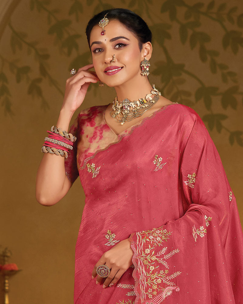 Vishal Prints Dusty Red Designer Fancy Organza Saree With Embroidery-Diamond Work And Cut Work Border