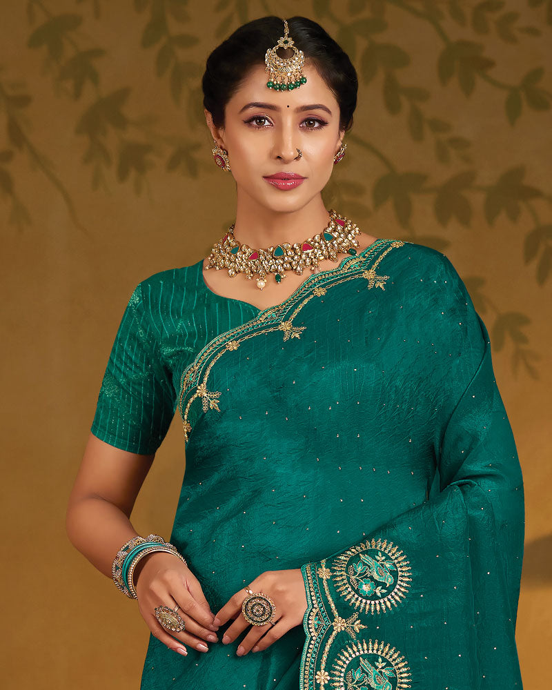 Vishal Prints Deep Sea Green Designer Fancy Organza Saree With Embroidery-Diamond Work And Cut Work Border