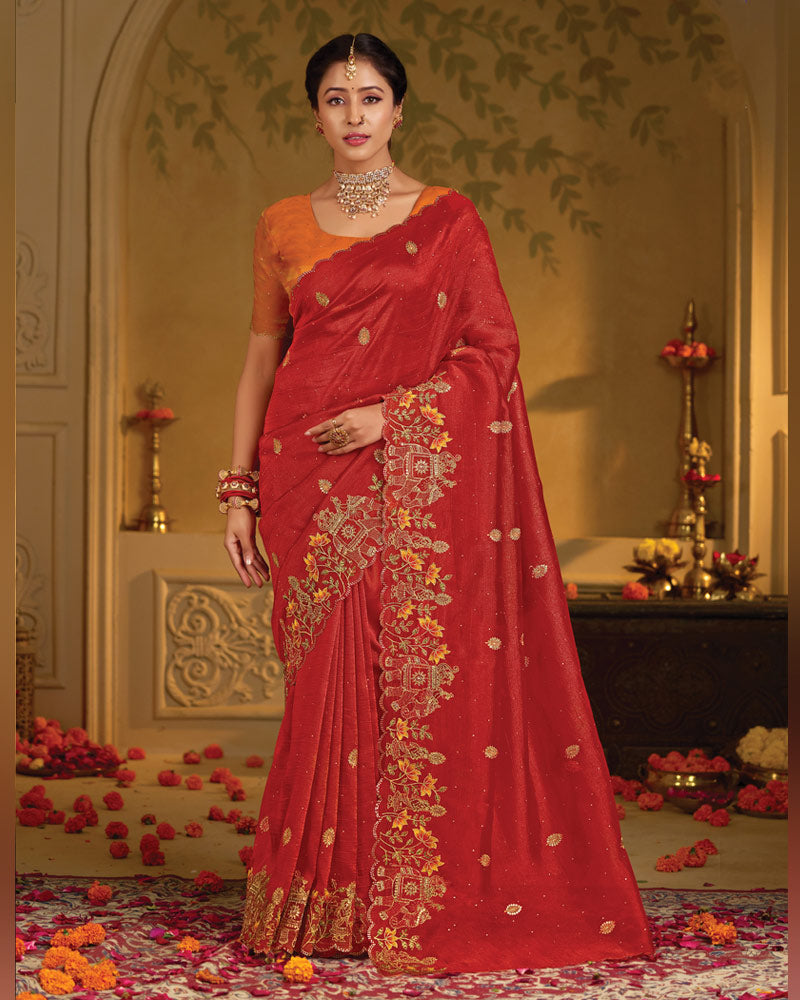 Vishal Prints Cardinal Red Designer Fancy Organza Saree With Embroidery-Diamond Work And Cut Work Border