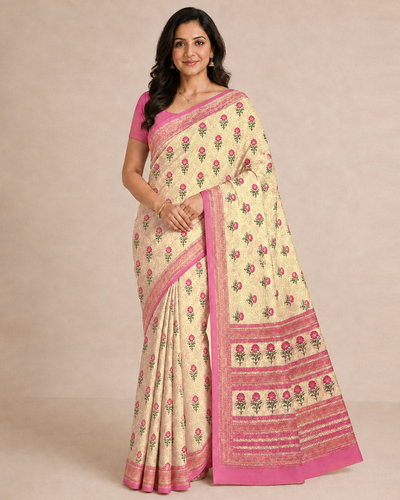 Vishal Prints Cream-Yellow And Blush Pink Digital Print Criva Moss Saree