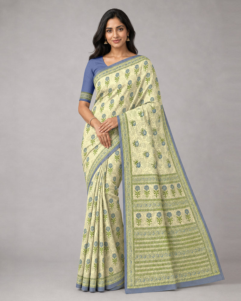 Vishal Prints Cream-Yellow And Blue Grey Digital Print Criva Moss Saree