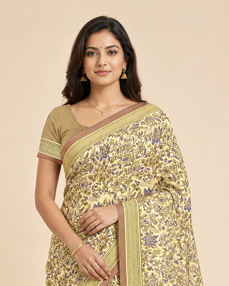 Vishal Prints Cream-Yellow And Dark Beige Digital Print Criva Moss Saree