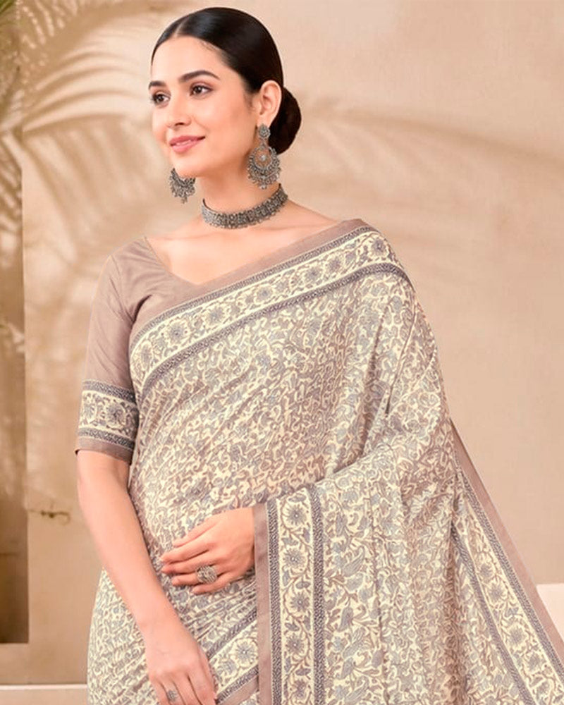 Vishal Prints Cream-Yellow And Mushroom Color Digital Print Criva Moss Saree