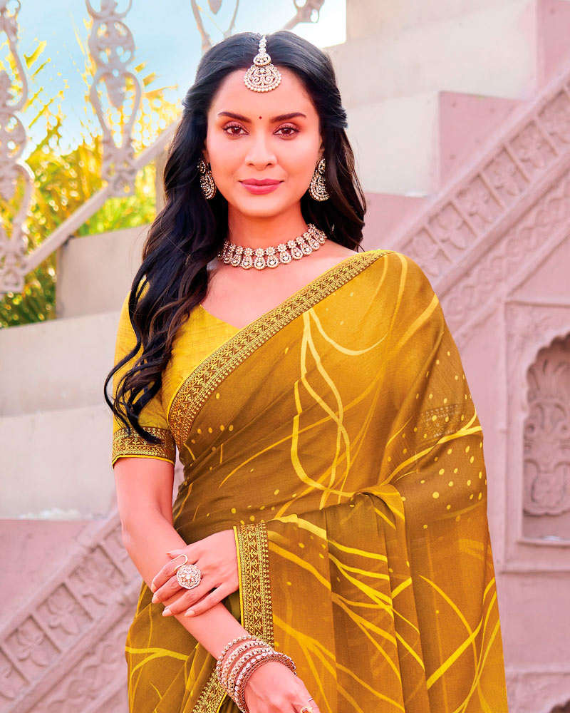 Vishal Prints Sandy Brown Printed Chiffon Saree With Fancy Embroidery Border