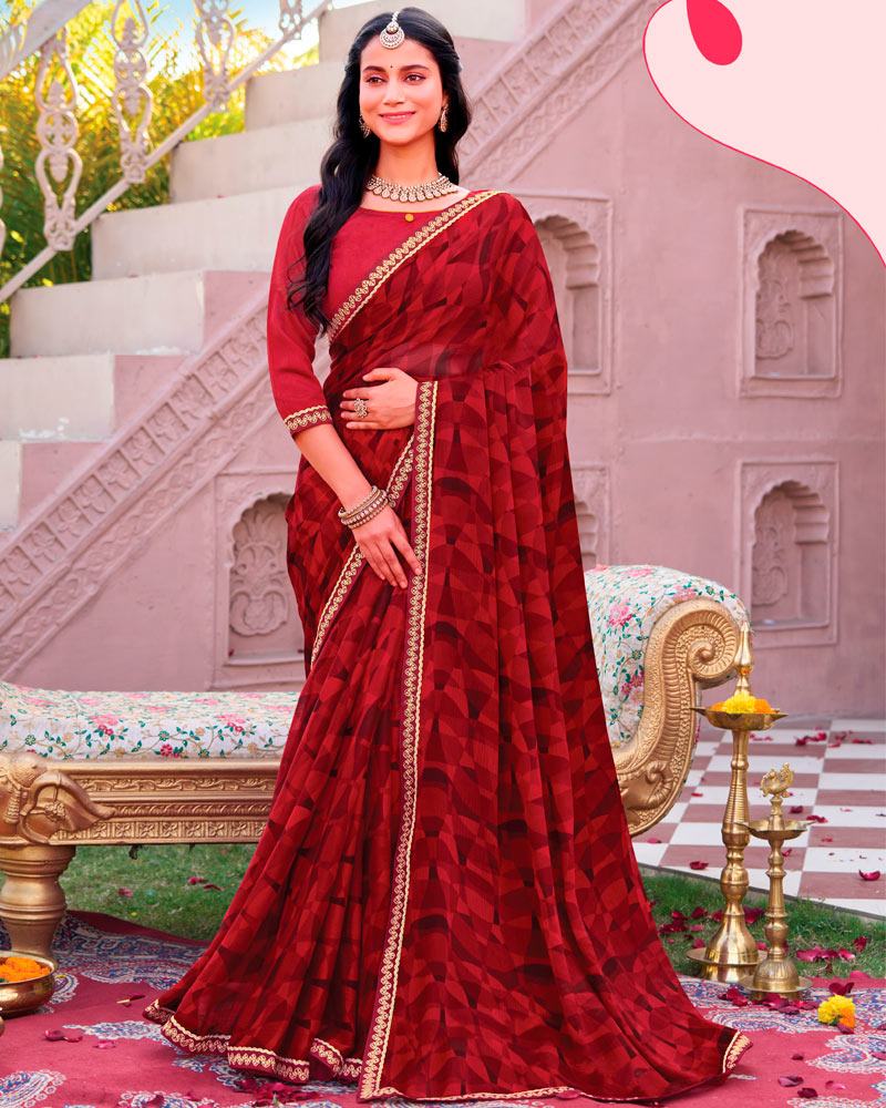 Vishal Prints Wine Red Printed Chiffon Saree With Fancy Embroidery Border