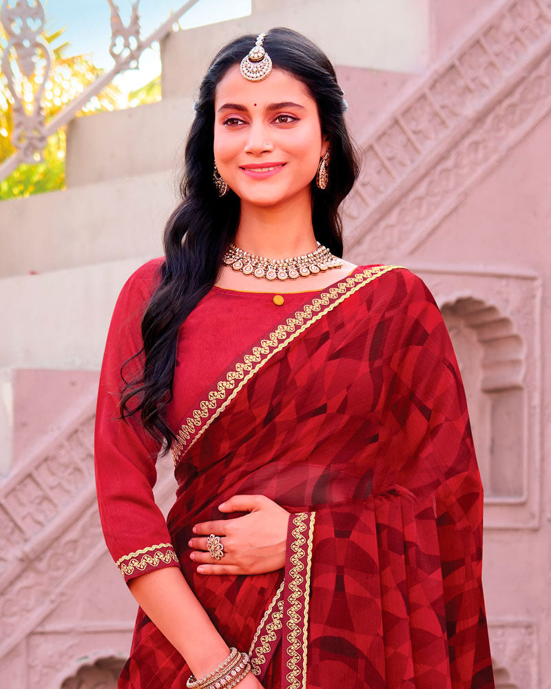 Vishal Prints Wine Red Printed Chiffon Saree With Fancy Embroidery Border
