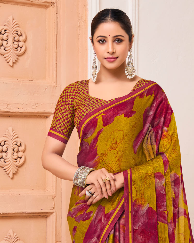 Vishal Prints Ochre Printed Fancy Chiffon Saree With Fancy Border