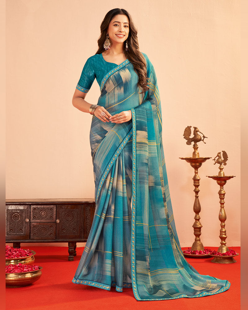 Vishal Prints Dusty Teal Blue Printed Chiffon Saree With Fancy Embroidery Border