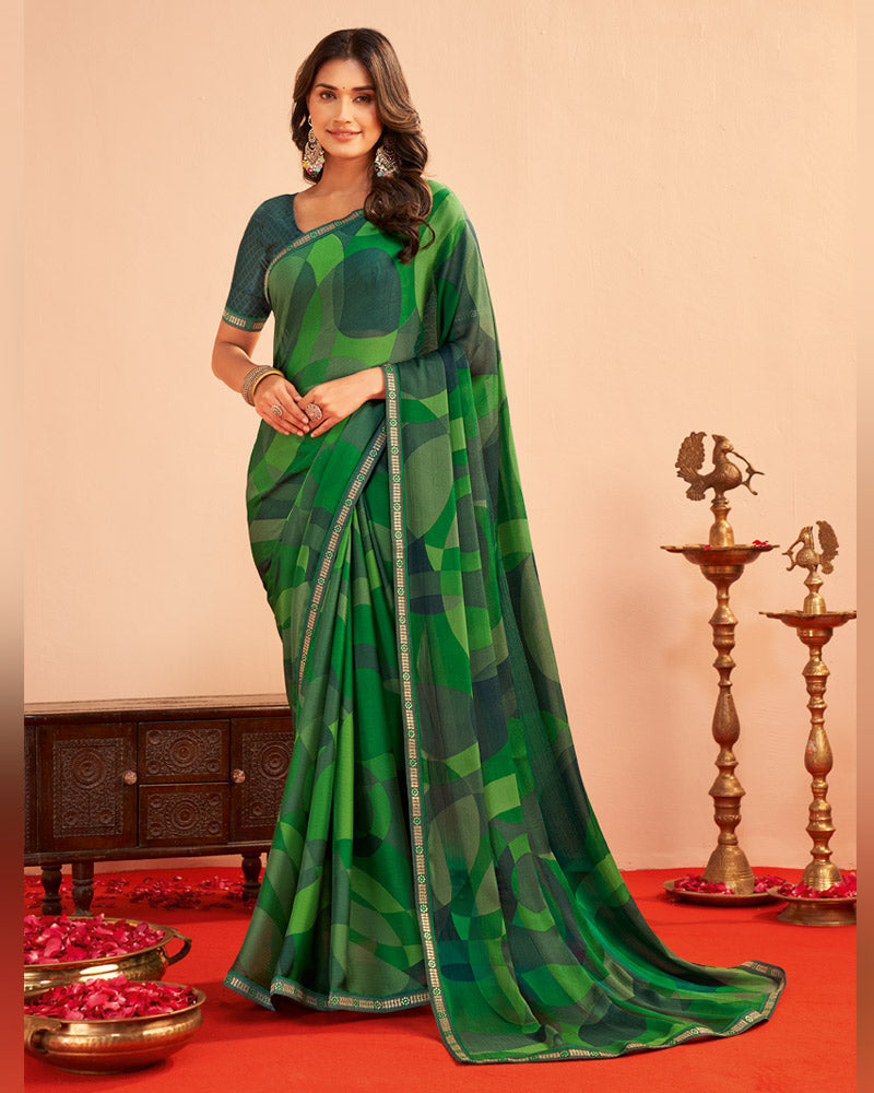 Vishal Prints Fern Green Printed Chiffon Saree With Fancy Embroidery Border