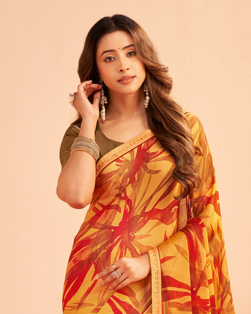 Vishal Prints Dark Pastel Orange Printed Chiffon Saree With Fancy Embroidery Border