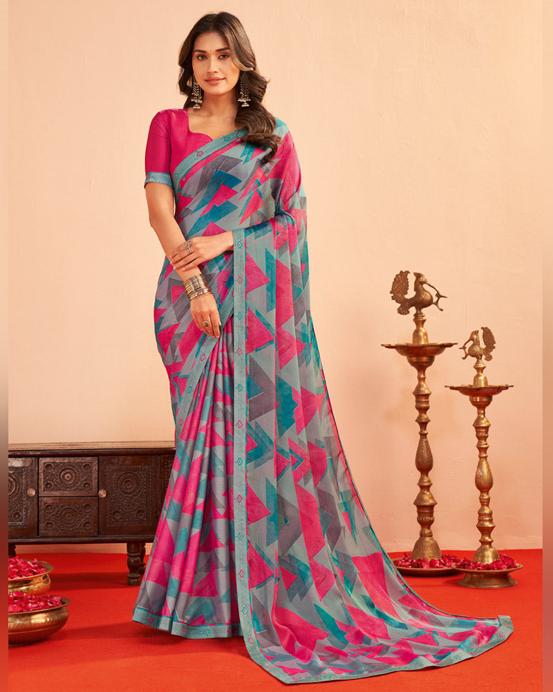 Vishal Prints Dusty Grey Printed Chiffon Saree With Fancy Embroidery Border