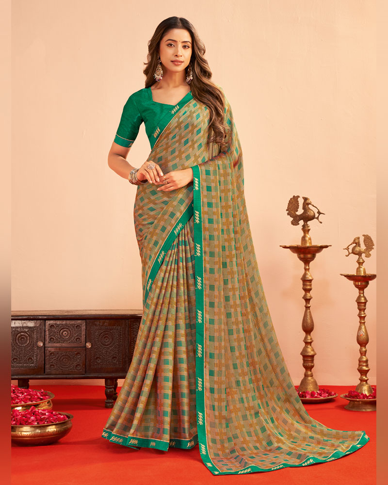 Vishal Prints Spring Green And Salmon Orange Printed Chiffon Saree With Fancy Embroidery Border