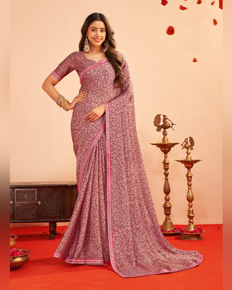 Vishal Prints Dusty Grey Pink Printed Chiffon Saree With Fancy Embroidery Border