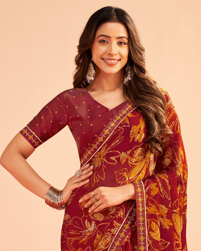 Vishal Prints Dark Maroon Printed Chiffon Saree With Fancy Embroidery Border