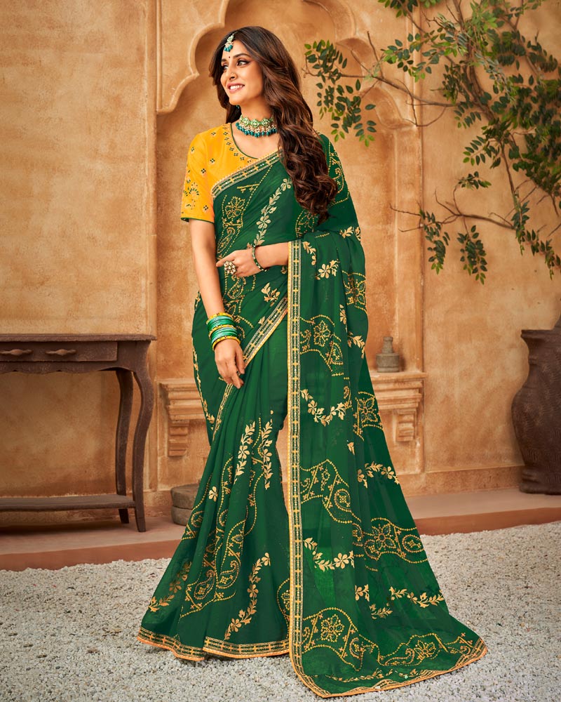 dark green printed saree