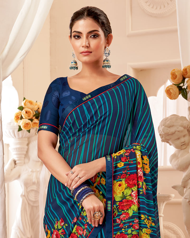 Vishal Prints Dark Navy Blue Printed Georgette Saree With Fancy Border