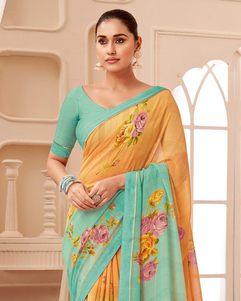 Vishal Prints Pastel Teal Green Printed Georgette Saree With Fancy Border
