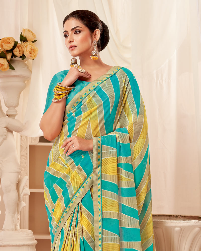 Vishal Prints Dark Turquoise Blue Printed Georgette Saree With Fancy Border